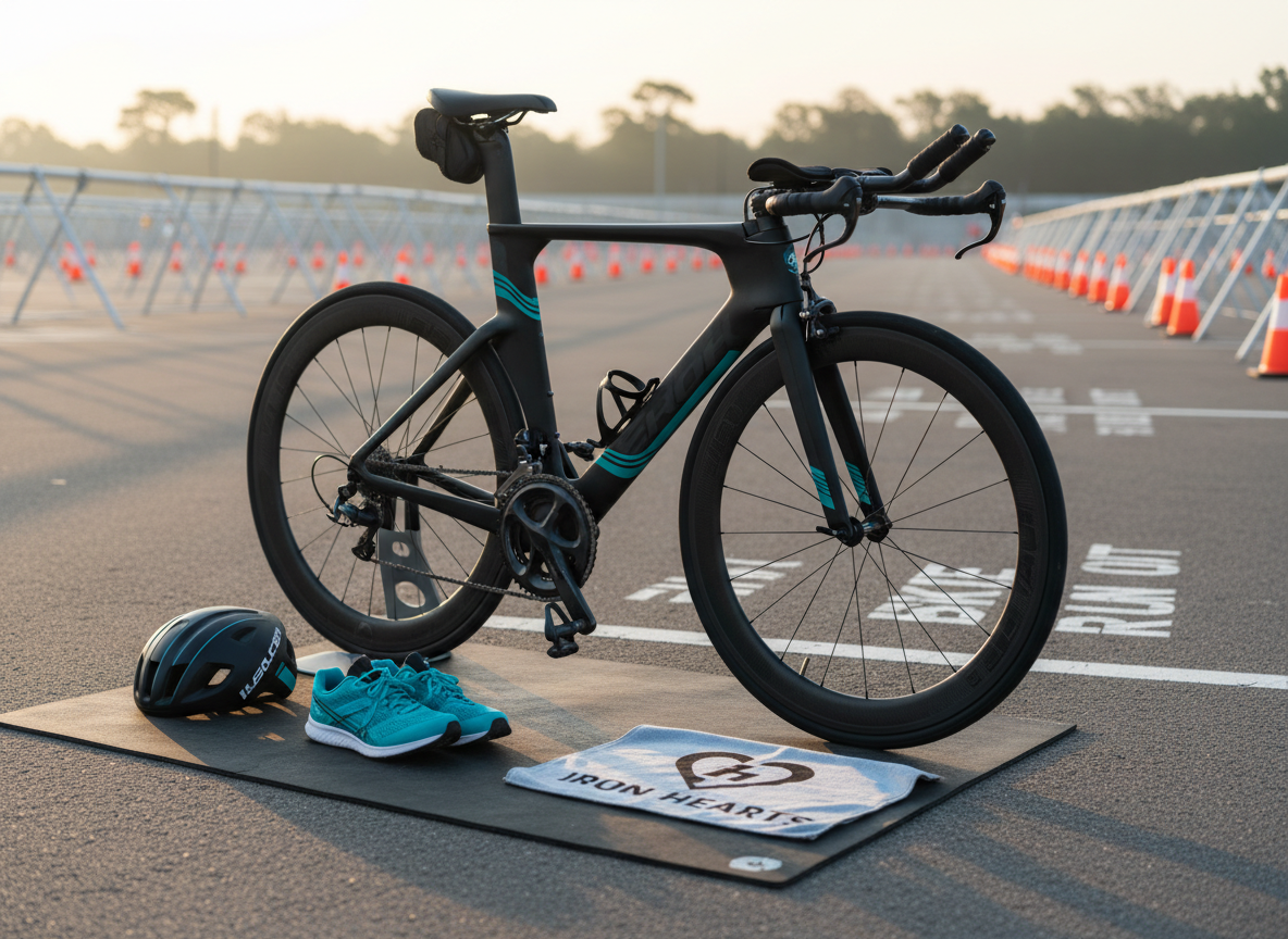 Triathlon transition area at dawn with bike, running shoes, helmet and Iron Hearts towel