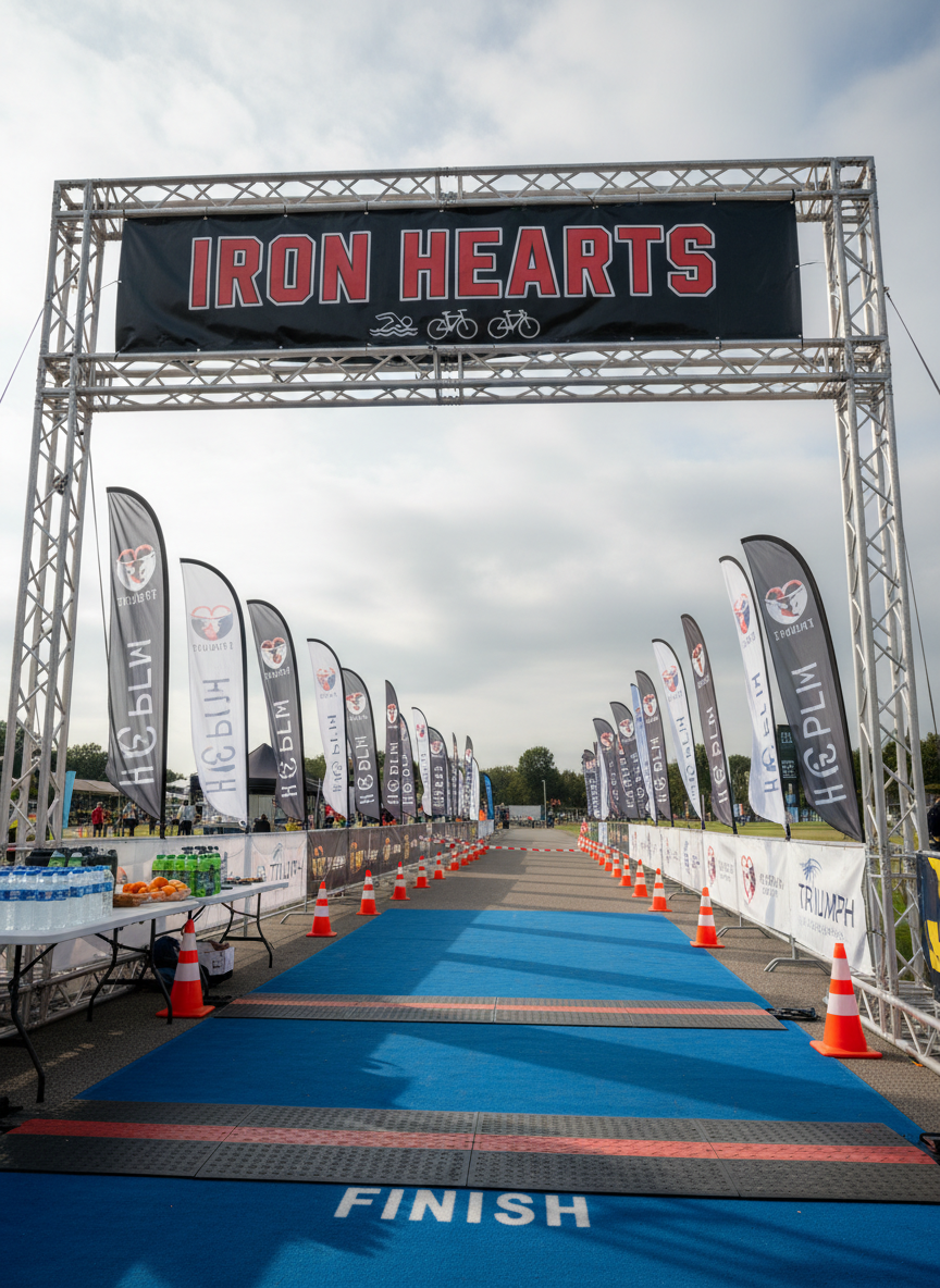 Triathlon finish line with timing mat and banners