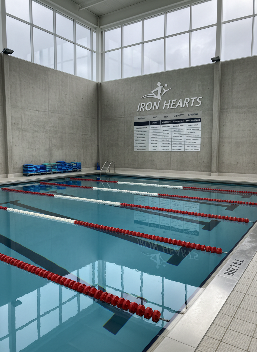 Indoor swimming pool with lane ropes and training schedule